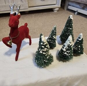 VINTAGE RED FLOCKED DEER & 5 Vintage Bottle Brush Trees